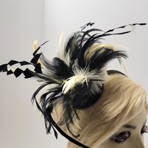 Black and Cream Feathers Fascinator on a Headband - Picture 14 of 14